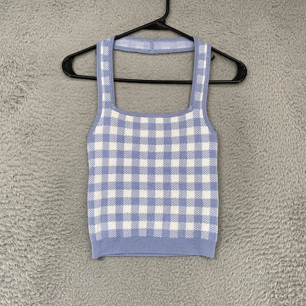 Abercrombie & Fitch Crop Tank Top Womens XS Blue Gingham Plaid Knit Square Neck - Picture 2 of 13